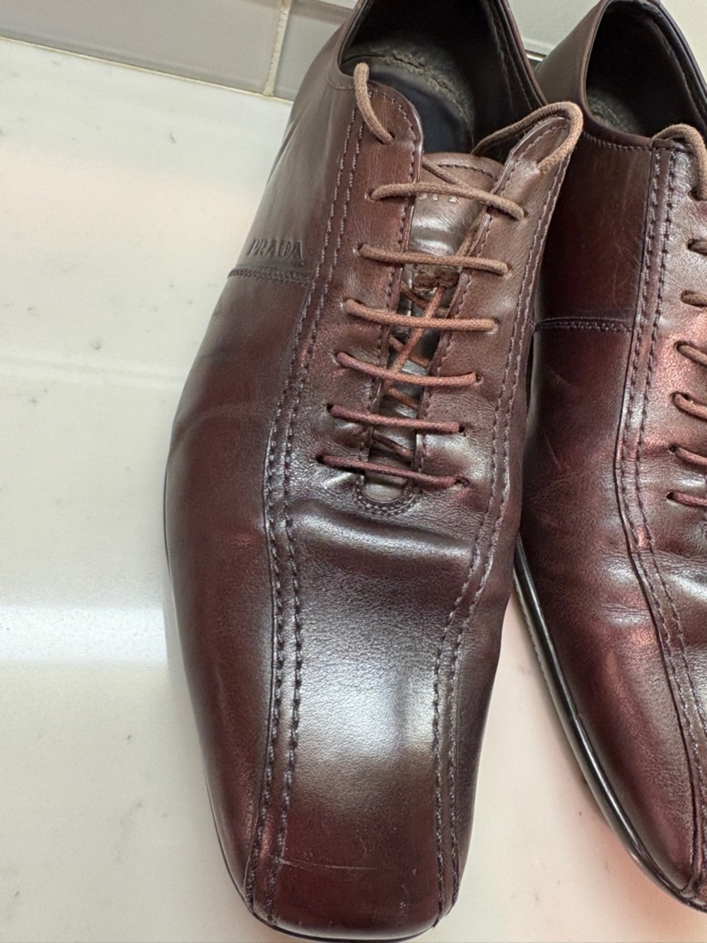 Prada Men's Brown Leather Lace-Up Oxfords - Picture 10 of 16